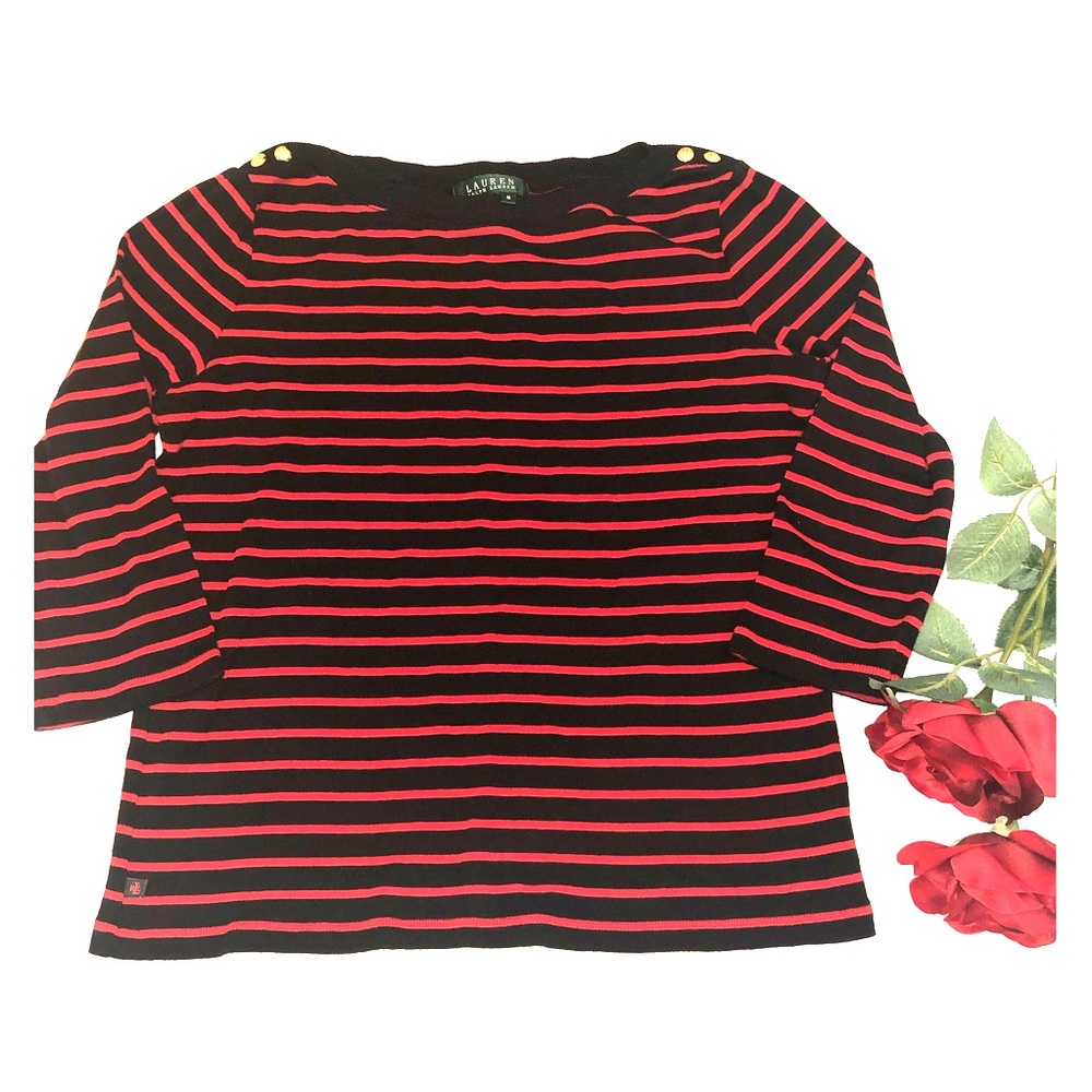 Ralph Lauren Striped Red Black 3/4 Sleeve Sweater